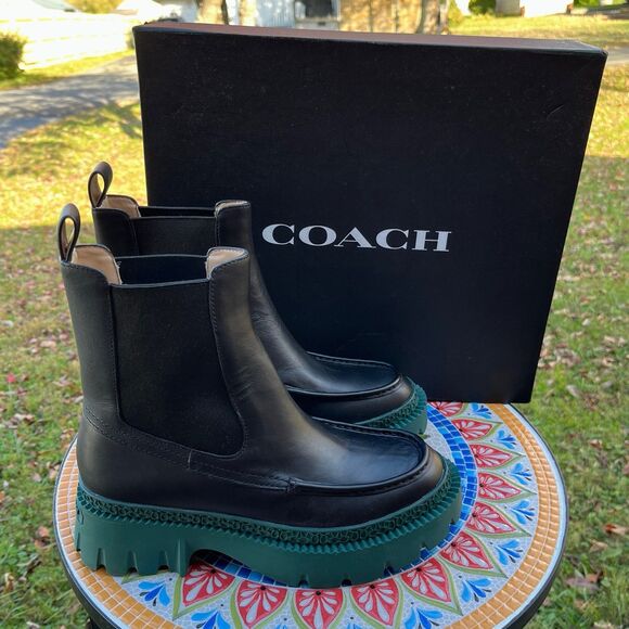 Coach Joey C5878 Womens Sz 6.B Black Green Leather Platform Chelsea Booties NEW - Picture 1 of 10